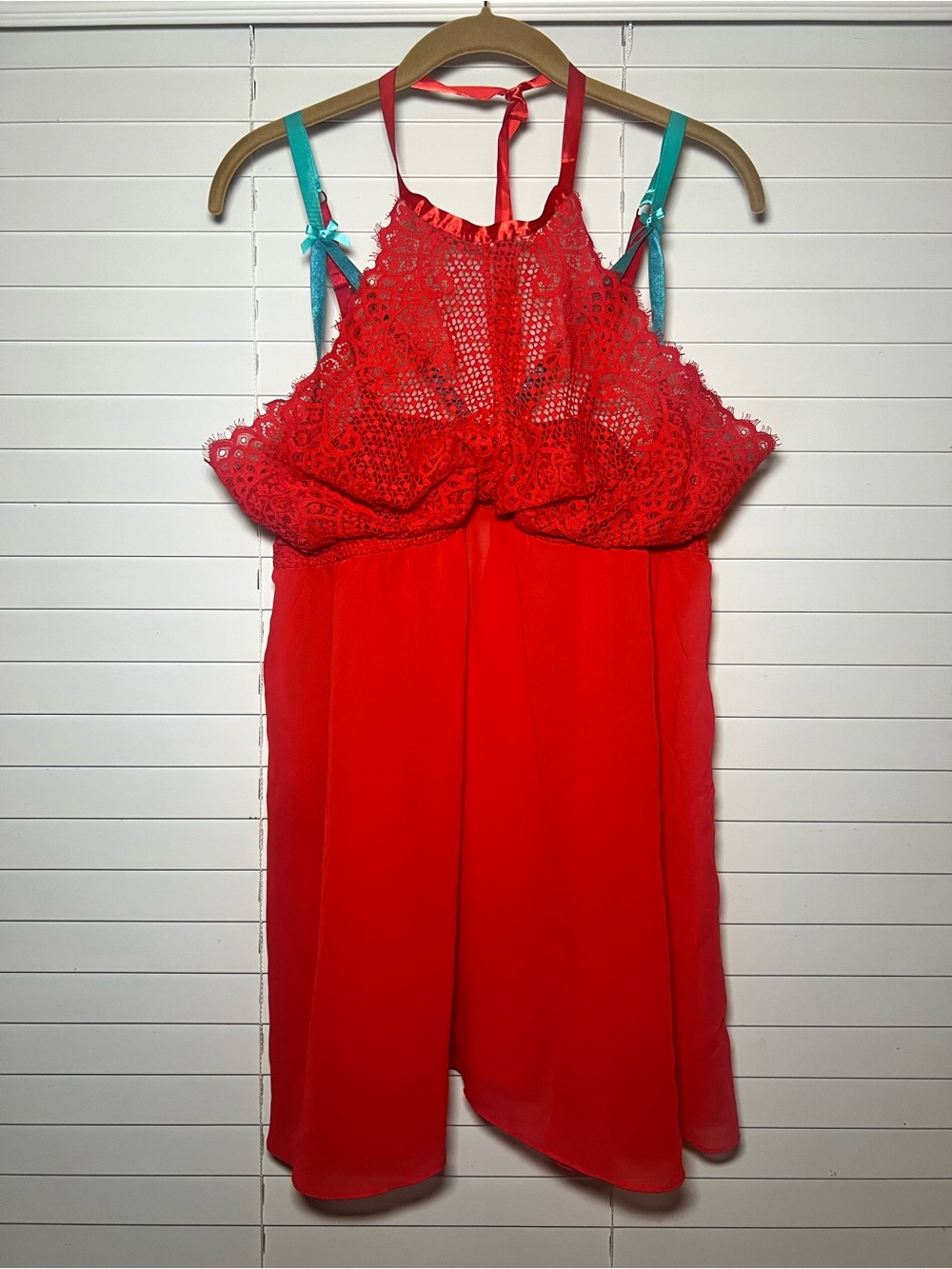 Cacique Red Lace Halter Cami with Teal Accent Strap 18/20 size Babydoll